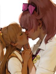  2girls age_difference blonde_hair blush closed_eyes commentary diathorn drooling english_commentary eyeshadow female_focus french_kiss hand_on_another&#039;s_chin highres holding_hands idolmaster idolmaster_cinderella_girls incest jougasaki_mika jougasaki_rika kiss loli makeup multiple_girls onee-loli peace_symbol pin pink_hair siblings sisters smiley_face tongue tongue_out tongue_suck white_background yellow_eyeshadow yuri  rating:Sensitive score:1112 user:danbooru