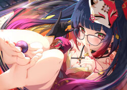  1girl absurdres aze_not_bald bare_shoulders barefoot bell black_choker black_gloves blue_hair blunt_bangs breasts choker cleavage closed_mouth commentary english_commentary eyelashes feet finger_to_mouth foot_focus fox_mask glass gloves gold_trim gradient_hair halterneck highres holding_with_feet honkai:_star_rail honkai_(series) knees_up looking_at_viewer mask mask_on_head medium_breasts multicolored_hair nail_polish neck_bell purple_hair red_eyes red_hair red_nails sidelocks smile soles solo sparkle_(honkai:_star_rail) toenail_polish toenails toes twintails 