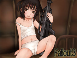  1girl anti-personnel_mine anti-personnel_weapon automatic_shotgun bad_id bad_pixiv_id bethesda blow-forward_firearm bomb brown_eyes brown_hair bullpup cameltoe camisole cleft_of_venus combat_shotgun cylinder cylinder_(weapon) e10 explosive fallout_(series) fallout_3 flat_chest gas-seal_revolver gun lightning_holes lips loli midriff mine_(weapon) pancor_corporation pancor_jackhammer panties prototype_design revolver_shotgun short_hair shotgun smile solo spread_legs underwear weapon white_panties  rating:Questionable score:85 user:danbooru