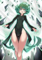  1girl absurdres aura black_dress blush breasts commentary_request covered_navel cowboy_shot curly_hair dress flipped_hair floating floating_clothes floating_object floating_rock green_eyes green_hair highres levitation long_sleeves looking_at_viewer no_panties one-punch_man open_mouth petite psychic saikuu side_slit simple_background small_breasts smile solo tatsumaki telekinesis thighs 