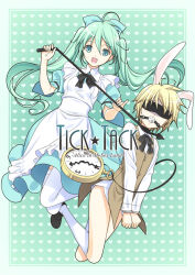 1boy 1girl :d ahoge alice_(alice_in_wonderland) alice_(alice_in_wonderland)_(cosplay) alice_in_wonderland animal_ears aqua_hair ball_gag bdsm blindfold blonde_hair blue_eyes bondage bound cosplay cover cover_page cuffs dress femdom gag gagged handcuffs hatsune_miku heart heart_background hetero holding kagamine_len leg_up long_hair looking_at_viewer nemigi_tsukasa open_mouth rabbit_ears short_hair smile thighhighs twintails very_long_hair vocaloid whip white_rabbit_(alice_in_wonderland) white_rabbit_(cosplay) white_thighhighs wiffle_gag rating:Questionable score:23 user:danbooru
