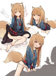  1boy 1girl absurdres aged_down animal_ear_fluff animal_ears barefoot black_skirt black_vest blue_shirt blush brown_hair clothes_lift fox_shadow_puppet girl_on_top highres holo legs lifted_by_self loli long_hair multiple_views no_pants open_mouth panties pkpkpppk red_eyes shirt sitting sketch skirt skirt_lift smile spice_and_wolf straddling tail thighs underwear vest white_panties wolf_ears wolf_girl wolf_tail 