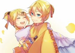 1boy 1girl allen_avadonia arms_around_neck aryuma772 blonde_hair blue_eyes bow brother_and_sister carrying choker dress evillious_nendaiki closed_eyes frilled_sleeves frills hair_bow hair_ornament hair_ribbon hairclip happy kagamine_len kagamine_rin open_mouth petals princess_carry ribbon riliane_lucifen_d&#039;autriche siblings smile twins vocaloid yellow_dress rating:Sensitive score:1 user:danbooru