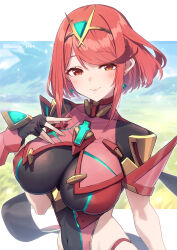  1girl baffu black_gloves border breasts chest_jewel closed_mouth clothing_cutout commentary_request covered_navel earrings fingerless_gloves fingernails gloves headpiece highres impossible_clothes jewelry large_breasts looking_at_viewer outside_border pyra_(xenoblade) red_eyes red_hair side_cutout smile solo upper_body white_border xenoblade_chronicles_(series) xenoblade_chronicles_2 