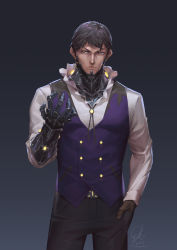  &gt;:( 1boy belt black_hair black_light black_pants blouse brown_gloves buttons closed_mouth commentary_request cowboy_shot dated double-breasted frown gloves hand_in_pocket hand_up highres lips long_sleeves looking_at_viewer male_focus mechanical_arms original pants purple_vest serious shirt signature single_glove single_mechanical_arm standing v-shaped_eyebrows vest white_shirt yellow_eyes 