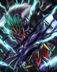  belt claw_swipe claws digimon digimon_(creature) digimon_liberator dragon electricity fangs fangs_out fur_collar heavymetaldramon horns leather_belt looking_at_viewer open_mouth red_eyes serpentine snarl spiked_shoulder_pads wings  rating:General score:2 user:ABattyResonator