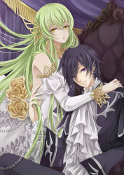  ascot black_hair c.c. chair code_geass curtains detached_sleeves dress dress_flower earrings formal green_hair hand_in_own_hair highres indoors jewelry lelouch_vi_britannia long_hair long_sleeves nomura_hayashi parted_lips purple_eyes signature sitting smile suit very_long_hair white_ascot white_dress yellow_eyes 