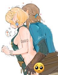  1boy 1girl apron armband back blonde_hair braid breasts brown_hair censored clothed_male_nude_female clothed_sex earrings emoji emoji_censor exposed_back front gauntlets gloves hand_on_another&#039;s_hip hatenokatasumi heart implied_sex jewelry link medium_breasts nintendo nude pleading_face_emoji ponytail princess_zelda sex sex_from_behind shaking short_ponytail sideboob sweat the_legend_of_zelda the_legend_of_zelda:_tears_of_the_kingdom trembling  rating:Questionable score:61 user:TheMollusk