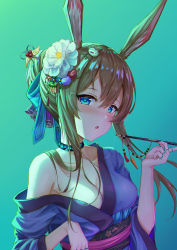 1girl :o amiya_(arknights) animal_ears arknights bare_shoulders blue_background blue_eyes blue_ribbon blush breasts brown_hair carrot choker cleavage collarbone dddsunsky flower gradient_background green_background hair_between_eyes hair_flower hair_ornament hair_over_breasts hair_ribbon highres holding japanese_clothes jewelry kimono larten_crepsley long_hair looking_at_viewer open_clothes parted_lips rabbit_ears ribbon ring saliva saliva_trail sidelocks solo rating:Sensitive score:9 user:danbooru