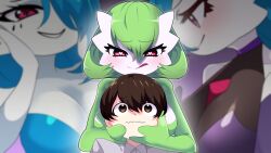  1boy 3girls age_difference blue_hair blurry blurry_background blush bob_cut breasts brown_eyes brown_hair closed_mouth collared_shirt colored_skin creatures_(company) florian_(pokemon) game_freak gardevoir gen_3_pokemon grapeanime green_hair green_skin grey_shirt hair_between_eyes half-closed_eyes hands_on_another&#039;s_cheeks hands_up happy heart heart-shaped_pupils height_difference large_breasts licking_lips looking_at_another matching_hair/eyes multicolored_skin multiple_girls nervous nintendo pokemon pokemon_(creature) pokemon_sv raised_eyebrows red_eyes shiny_and_normal shiny_pokemon shirt short_hair smile standing straight-on symbol-shaped_pupils tongue tongue_out two-tone_skin upper_body wavy_mouth white_skin 