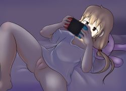  1girl absurdres artist_request bed blonde_hair blush breasts cellphone dark female_focus flat_chest futaba_anzu highres idolmaster loli no_panties phone pussy small_breasts solo  rating:Explicit score:26 user:Panty_worm