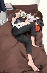  1boy 1girl absurdres against_wall bad_id bad_twitter_id barefoot bed black_pants black_shirt book brother_and_sister brown_eyes brown_hair commentary_request covering_face handheld_game_console highres honnryou_hanaru legs_up long_hair lying nintendo_ds on_side orange_skirt original pants pillow playing_games reading shirt short_hair siblings sitting skirt socks  rating:Sensitive score:106 user:danbooru