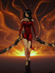  1girl absurdres bare_shoulders black_footwear black_hair breasts cinder_fall dress dual_wielding fiery_background fire high_heels highres holding holding_sword holding_weapon invictarex long_hair looking_at_viewer one_eye_covered red_dress rwby smile solo sword weapon yellow_eyes 