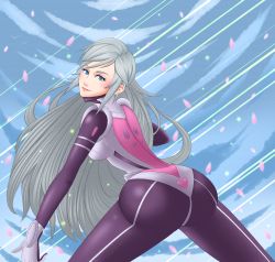  1girl artist_request ass blue_eyes bodysuit breasts cherry_blossoms from_behind gloves heart highres huge_ass kaihou_shoujo long_hair looking_at_viewer looking_back ozora_shoko sideboob silver_hair smile very_long_hair 