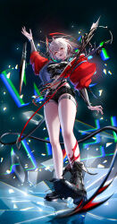  1girl antenna_hair antennae arknights arm_up belt black_footwear black_shirt black_shorts boots breasts crop_top highleg highres jacket large_breasts liu_liaoliao looking_at_viewer micro_shorts midriff navel off_shoulder open_clothes open_jacket open_mouth puffy_sleeves red_jacket shirt short_hair short_shorts shorts smile solo stomach tail thigh_belt thigh_strap thighs white_hair wis&#039;adel_(arknights) 