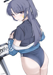  1girl artist_name ass black_halo black_shirt blue_archive blue_buruma blue_hair blue_jacket blush buruma cliov commission from_behind halo highres jacket long_hair looking_at_viewer looking_back official_alternate_costume shirt short_sleeves simple_background solo star_sticker sticker_on_face track_jacket white_background yuuka_(blue_archive) yuuka_(track)_(blue_archive) 