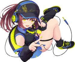  1girl :d absurdres asymmetrical_legwear baseball_cap black_footwear black_hat black_jacket black_shirt black_skirt black_socks black_thighhighs blue_nails breasts brown_hair cable collared_shirt dress_shirt full_body green_nails green_necktie hat headphones headphones_over_headwear highres jacket knees_together_feet_apart long_sleeves medium_breasts multicolored_nails nail_polish necktie off_shoulder open_clothes open_jacket open_mouth original ponytail puffy_long_sleeves puffy_sleeves shirt shoes single_sock single_thighhigh skindentation skirt sleeveless sleeveless_shirt sleeves_past_wrists smile socks solo temari_rin thigh_strap thighhighs transparent_background v yellow_eyes yellow_necktie 