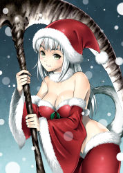 1girl bare_shoulders blush breasts christmas cleavage covered_erect_nipples dark_souls_(series) dark_souls_i detached_sleeves dragon_girl female_focus fingernails from_software fur_(clothing) fur_trim hat highres horns large_breasts long_fingernails long_hair looking_at_viewer old-one priscilla_the_crossbreed santa_costume santa_hat scythe sharp_fingernails smile snow solo tail weapon white_hair yellow_eyes