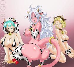  3girls all_fours android_18 android_21 animal_ears animal_print ass bikini breasts bulma butt_crack chinese_zodiac colored_skin cow_ears cow_girl cow_horns cow_print dragon_ball dragonball_z highres horns huge_breasts kneeling majin_android_21 multiple_girls naughty_face pink_skin print_bikini shiny_skin swimsuit year_of_the_ox  rating:Questionable score:35 user:Black_Xogum