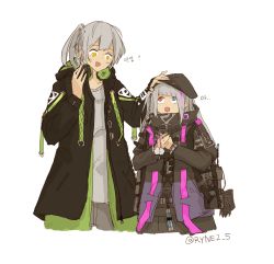  2girls :d aek-999_(girls&#039;_frontline) beret black_headwear black_jacket blue_eyes blunt_bangs cellphone_charm charm_(object) collarbone emblem emblem_request girls&#039;_frontline gradient_jacket grey_hair grey_jacket grey_pants grey_shirt hair_between_eyes hand_on_another&#039;s_head hat headphones headphones_around_neck height_difference heterochromia highres holding holding_phone hood hood_down hooded_jacket jacket layered_clothes long_hair looking_at_another mdr_(girls&#039;_frontline) multicolored_clothes multicolored_hair multicolored_jacket multiple_girls neon_trim open_mouth pants phone purple_jacket red_eyes ryne2_5 shirt short_hair side_ponytail sidelocks simple_background smile source_request streaked_hair t-shirt teeth tooth translation_request twitter_username two-tone_jacket upper_body upper_teeth_only white_background white_hair yellow_eyes zipper 