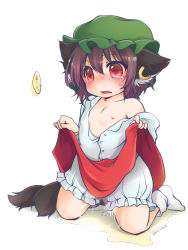 1girl animal_ears bare_shoulders bloomers blush brown_hair cat_ears cat_tail chen earrings flat_chest hanabi_(karintou15) hat highres jewelry kneeling loli mob_cap multiple_tails nekomata nipples nose_blush off_shoulder parted_lips peeing peeing_self pussy_juice red_eyes red_skirt shirt short_hair simple_background single_earring skirt solo tail tearing_up touhou two_tails underwear white_background white_shirt rating:Explicit score:19 user:danbooru