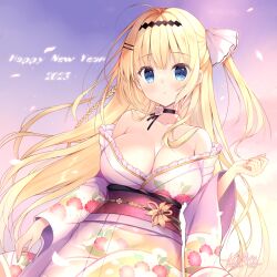  1girl 2023 :o bare_shoulders black_choker black_hairband blonde_hair blue_eyes braid breasts choker cleavage collarbone commentary_request floral_print hair_ornament hair_ribbon hairband hairclip happy_new_year haruoto_alice_gram japanese_clothes kimono kuonji_kazuha_(harugura) large_breasts long_hair long_sleeves looking_at_viewer mitha new_year obi off_shoulder one_side_up parted_lips pink_kimono print_kimono ribbon sash solo very_long_hair white_ribbon wide_sleeves 
