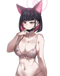  1girl animal_ears black_hair black_mask blue_archive bob_cut bow bow_(bhp) bow_bra bra breasts cat_ears chinese_commentary cleavage collarbone colored_inner_hair commentary_request ear_piercing earrings extra_ears hair_behind_ear hair_ornament hairclip halo huge_breasts jewelry kazusa_(blue_archive) lifted_by_self looking_down mask mask_lift medium_hair mouth_mask multicolored_hair navel panties piercing pink_bra pink_eyes pink_hair pink_halo pink_panties simple_background solo stomach stud_earrings two-tone_hair underwear underwear_only white_background 