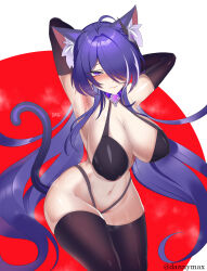  1girl absurdres acheron_(honkai:_star_rail) animal_ears armpits arms_behind_head artist_name bikini black_bikini black_gloves black_thighhighs blush cat_ears cat_tail closed_mouth commentary_request covered_erect_nipples cowboy_shot d.m._mo elbow_gloves gloves groin hair_ornament hair_over_one_eye highres honkai:_star_rail honkai_(series) long_hair looking_at_viewer multicolored_hair navel no_pants no_shirt presenting_armpit puffy_nipples purple_eyes purple_hair raised_eyebrow red_background skindentation solo steam steaming_body streaked_hair sweat swimsuit tail thighhighs thighs twitter_username very_long_hair white_background 