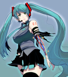  1girl android aqua_hair bad_id bad_pixiv_id cable cowboy_shot detached_sleeves green_eyes hatsune_miku headset kouno_(masao) long_hair necktie skirt solo tears thighhighs torn_clothes twintails very_long_hair vocaloid wire  rating:Sensitive score:8 user:danbooru