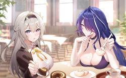  2girls acheron_(honkai:_star_rail) ahoge alternate_costume bare_arms bare_shoulders black_choker black_hairband black_jacket blush breasts cafe cake choker cleavage coffee collarbone commentary_request feeding firefly_(honkai:_star_rail) food fork grey_hair hair_over_one_eye hairband highres holding holding_spoon honkai:_star_rail honkai_(series) incoming_food indoors jacket large_breasts long_hair long_sleeves looking_at_viewer multiple_girls neck_ribbon oak_cake_roll_(honkai:_star_rail) open_mouth purple_eyes purple_hair ribbon spoon table two_side_up upper_body very_long_hair xion32 yellow_ribbon 