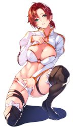  1girl ahoge asymmetrical_bangs bikini blue_eyes blush boots boudica_(fate) breasts brown_footwear cleavage clothed_masturbation commentary fate/grand_order fate_(series) female_masturbation fingering foreshortening full_body head_tilt juliet_sleeves large_breasts long_sleeves low_ponytail masturbation nanao_(mahaya) naughty_face o-ring o-ring_bikini on_one_knee parted_lips puffy_sleeves red_eyes short_hair shrug_(clothing) skindentation solo stomach swimsuit tareme thigh_boots thigh_strap thighhighs white_bikini  rating:Explicit score:57 user:danbooru
