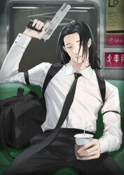  1boy absurdres black_bag black_hair black_necktie black_pants bright_pupils cigarette coffee_cup collared_shirt cup desert_eagle disposable_cup dress_shirt drinking_straw ear_piercing gmirror1 gun hand_up handgun highres holding holding_cup holding_gun holding_weapon looking_at_viewer male_focus medium_hair necktie original pants parted_bangs piercing red_eyes shirt shirt_tucked_in shoulder_strap sign sitting smile smoking spread_legs train_interior weapon white_pupils white_shirt window 