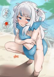  1girl absurdres barefoot beach between_legs blue_eyes blue_hair blunt_bangs blush commentary_request completely_nude fins fish_tail gawr_gura grey_hair hair_ornament highres hololive hololive_english loli looking_at_viewer multicolored_hair nude ocean shark_girl shark_tail smile solo squatting tail tail_between_legs toes two-tone_hair two_side_up virtual_youtuber zonzu 