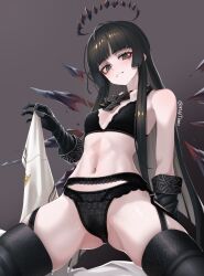  1girl absurdres antenna_hair arknights arm_support armpit_crease artist_name ascot ass bare_arms bare_shoulders black_ascot black_bra black_eyes black_garter_belt black_gloves black_hair black_halo black_panties black_thighhighs black_wings blunt_bangs blurry blurry_background blush bra breasts breasts_apart broken_halo brown_background collarbone colored_inner_hair come_hither commentary cowboy_shot dark_halo depth_of_field detached_wings diamond-shaped_pupils diamond_(shape) energy_wings eyelashes from_below garter_belt gloves gradient_background grey_hair grin halo hand_up highres hime_cut holding holding_clothes holding_jacket jacket lace lace-trimmed_bra lace-trimmed_garter_belt lace-trimmed_panties lace_trim lingerie long_hair looking_at_viewer looking_down mildt mole mole_under_eye multicolored_hair naughty_face navel panties parted_lips revision shadow sidelocks small_breasts smile solo stomach straight_hair symbol-shaped_pupils teeth thighhighs thighs twitter_username two-tone_hair underwear unworn_jacket very_long_hair virtuosa_(arknights) white_jacket wings yellow_pupils 