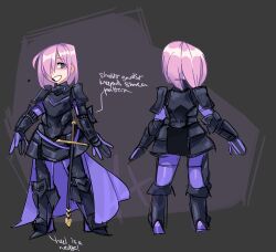  1girl armor black_armor boots breastplate cape character_sheet color_guide commentary crotch_plate cuirass english_commentary english_text fate/grand_order fate_(series) faulds full_body gauntlets gloves gorget greaves grin hair_over_one_eye half-closed_eye high_heel_boots high_heels looking_to_the_side mash_kyrielight medium_hair multiple_views partially_fingerless_gloves pauldrons pink_hair purple_cape purple_eyes redesign rerebrace scabbard sheath sheathed shoulder_armor signature sketch smile sword teeth vitwixt waist_cape weapon 