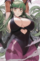  1girl absurdres animal_print arms_behind_head arms_up bat_print black_leotard blush breasts capcom carcass_(artist) cleavage clothing_cutout commentary_request demon_girl full_body fur_trim green_eyes green_hair head_wings heart_cutout highleg highleg_leotard highres large_breasts leotard lips long_hair looking_at_viewer low_wings matching_hair/eyes morrigan_aensland pantyhose parted_lips purple_pantyhose shiny_clothes simple_background solo thighs vampire_(game) wide_hips wings  rating:Sensitive score:163 user:danbooru