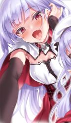 1girl :d ajax_(azur_lane) azur_lane black_gloves blush breasts cape cle_masahiro commentary_request drooling elbow_gloves gloves heart heart-shaped_pupils light_purple_hair long_hair looking_at_viewer medium_breasts multiple_views open_mouth purple_eyes smile solo_focus symbol-shaped_pupils tongue tongue_out rating:Sensitive score:43 user:danbooru