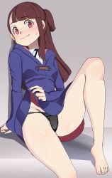 1girl arm_support aruman bad_id bad_pixiv_id barefoot black_panties blush breasts brown_hair closed_mouth clothes_lift dress dress_lift feet grey_background groin kagari_atsuko lifted_by_self little_witch_academia long_hair looking_at_viewer luna_nova_school_uniform panties red_eyes school_uniform shadow shiny_skin simple_background small_breasts smile solo sweat toes underwear witch rating:Questionable score:78 user:danbooru
