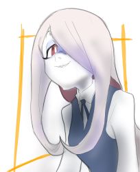  1girl andra_san9 colored_skin highres little_witch_academia looking_at_viewer one_eye_covered purple_hair red_eyes school_uniform simple_background smile smug sucy_manbavaran tagme teeth white_skin 
