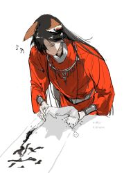  ... 1boy animal animal_ears animalization artist_name bandaged_neck bandages black_hair bracer chinese_clothes closed_eyes earrings ermine eyepatch flying_sweatdrops fox_ears hanfu highres holding holding_animal hua_cheng ink jewelry leaning_forward long_hair male_focus musical_note necklace paper qingyun red_hanfu shadow simple_background smile spoken_musical_note tianguan_cifu weasel white_background xie_lian 