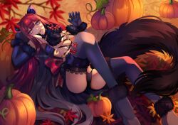 1girl animal_ears artist_name ass autumn_leaves baobhan_sith_(fate) bare_shoulders black_panties breasts claw_pose cosplay detached_sleeves elbow_gloves fake_animal_ears fangs fate/grand_order fate_(series) full_body fur-trimmed_legwear fur-trimmed_sleeves fur_trim gloves grey_eyes halloween high_heels long_hair looking_at_viewer lying mash_kyrielight mash_kyrielight_(dangerous_beast) mash_kyrielight_(dangerous_beast)_(cosplay) medium_breasts on_back open_mouth panties pink_hair pumpkin purple_gloves revealing_clothes sigriddis smile solo tail teeth thighhighs underwear upper_teeth_only wolf_ears