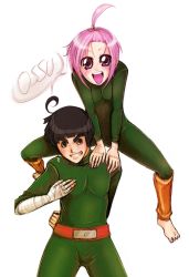  1boy 1girl ahoge airborne artist_request bandages barefoot black_eyes black_hair blush bodysuit bowl_cut breasts brown_eyes crossover fighting_stance forehead_protector grin hair_tie hand_wraps hands_on_another&#039;s_shoulder hands_on_shoulder happy highres in_air jumping jumpsuit konohagakure_symbol kuzuryuu_momoko leg_warmers legs_apart looking_at_viewer matching_hair/eyes naruto naruto_(series) open_mouth pink_hair ribbon rock_lee round_teeth smile spandex sparkle sparkling_eyes speech_bubble stance standing sumomomo_momomo talking teeth thick_eyebrows tongue  rating:Sensitive score:5 user:parvial