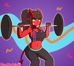 1girl animated animated_gif barbell barrel breasts colored_skin demon_girl demon_horns exercising female_focus gloves horns medium_breasts meruccubus_(merunyaa) merunyaa orange_eyes ponytail red_skin scruffmuhgruff solo sports_bra squatting tagme weightlifting rating:Questionable score:93 user:DecadeBlast