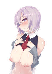 1girl bad_id bad_pixiv_id between_breasts blush breast_suppress breasts breasts_out bright_pupils clothes_lift fate/grand_order fate_(series) hair_over_one_eye hands_on_own_chest highres kokosando large_breasts light_purple_hair looking_at_viewer mash_kyrielight navel necktie necktie_between_breasts nipples off_shoulder parted_lips puffy_nipples purple_eyes sagging_breasts shirt_lift simple_background solo sweatdrop white_background rating:Questionable score:19 user:danbooru