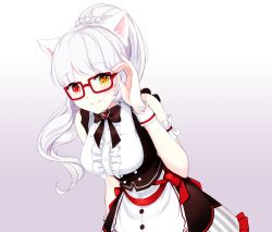  animal_ears bow breasts cat_ears corset cuffs glasses heterochromia large_breasts maid maid_headdress ponytail red_eyes skirt smile white_hair wrist_cuffs yellow_eyes  rating:Sensitive score:10 user:treehater