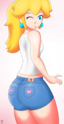  1girl ass blonde_hair blue_eyes blush denim earrings from_behind heart huge_ass jeans jewelry lips long_hair mario_(series) nintendo pants princess_peach shorts solo standing super_mario_bros._1 thick_thighs thighs wink  rating:Sensitive score:13 user:Pervy_Senpai