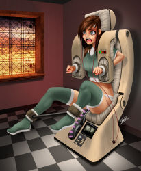  1girl artist_request bdsm bondage bound brown_hair crying electrodes female_focus forced_orgasm machine patient restrained sex_machine socks thighhighs  rating:Questionable score:114 user:Lufteluke