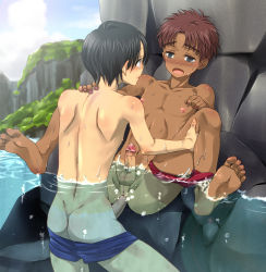  2boys anal barefoot black_eyes black_hair blush brown_hair censored clothes_pull dark_skin embarrassed erection feet glans highres holding_legs just_the_tip looking_at_another m_nyanyan male_focus male_penetrated multiple_boys multiple_penises nipples one-piece_swimsuit_pull open_mouth original outdoors penis pointless_censoring precum sex shota spread_legs swimsuit testicles underwater underwater_sex undressing water wet yaoi yuuga_(u-jiro)  rating:Explicit score:184 user:ショタがないなー