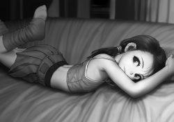  1girl camisole couch feet flat_chest greyscale light_smile looking_at_viewer low_twintails lying midriff monochrome on_stomach original petite revealing_clothes rustle skirt socks solo strap_slip twintails  rating:Sensitive score:251 user:danbooru