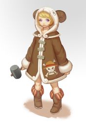  1girl animal_hat blonde_hair boots canonfalao going_merry hat highres jacket jolly_roger mallet one_piece personification purple_eyes solo standing tagme  rating:Sensitive score:5 user:w4j536t